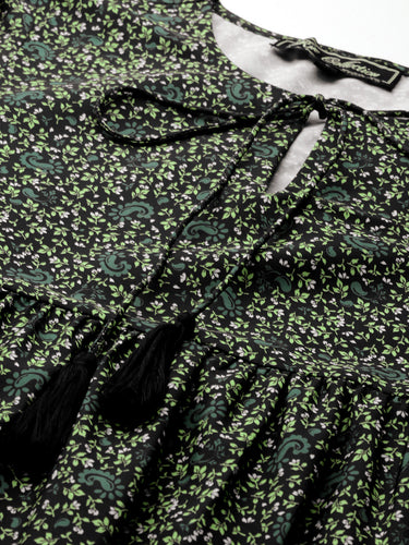 Ditsy Floral Printed Tie-Up Neck Gathered Mini Dress